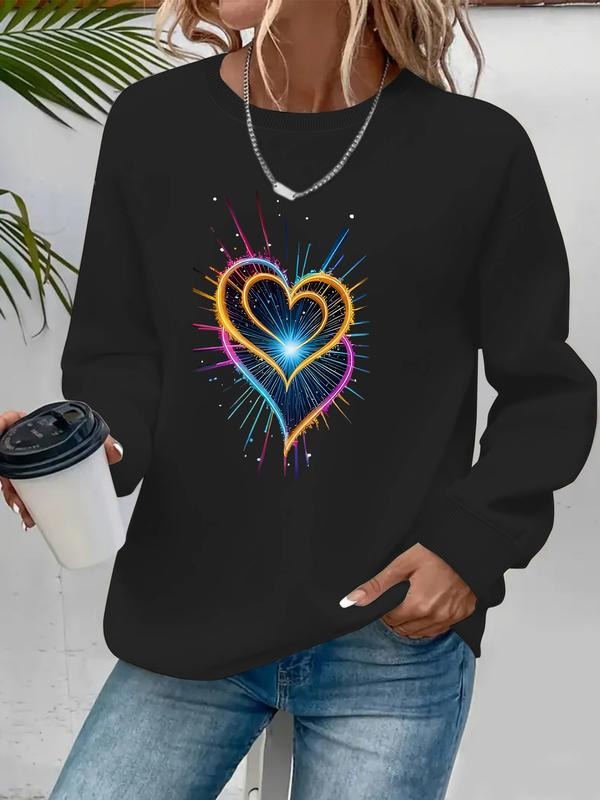 Women's Casual Cartoon Heart Print Hoodie, Soft Long Sleeve Round Neck Sweatshirt, All-Season Comfort Clothing T-Shirts