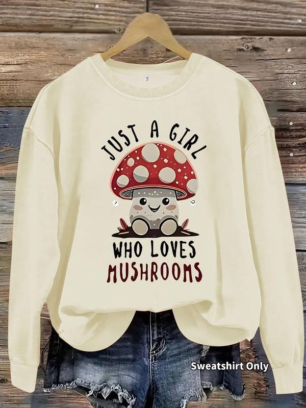 Women's Casual Cartoon Mushroom Pattern Pullover Sweatshirt, Soft Long Sleeve Round Neck, All-Season Comfort T-Shirts, Hoodie