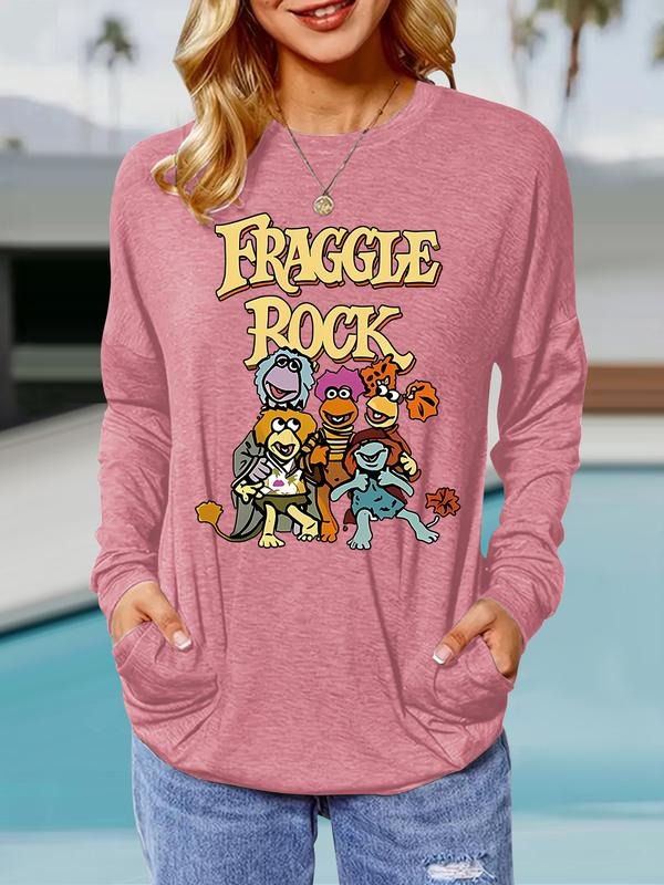 Women's Casual Cartoon Print Long Sleeve Pullover Sweatshirt, Loose Fit Round Neck Top with Pockets, Spring & Fall...