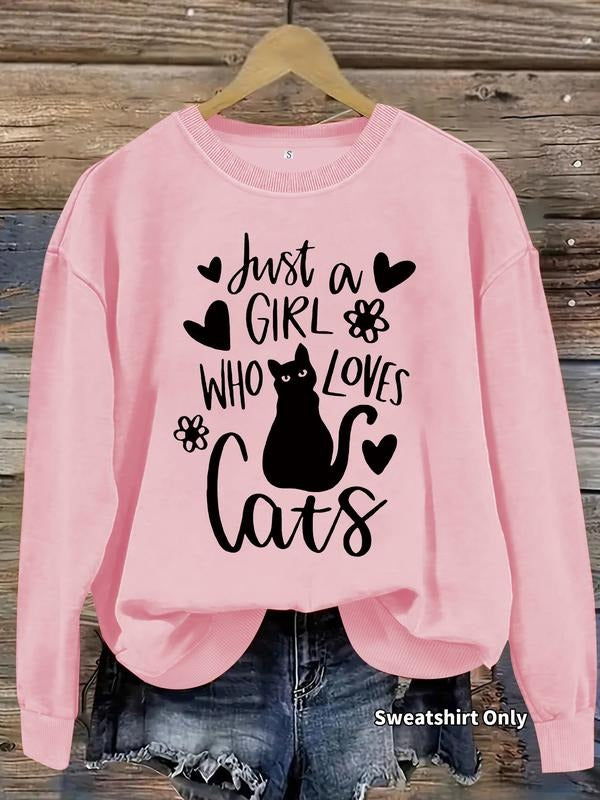 Women's Casual Cat & Heart Pattern Pullover Sweater, Soft Long Sleeve Round Neck Sweatshirt, All-Season Wear T-Shirts, Hoodie