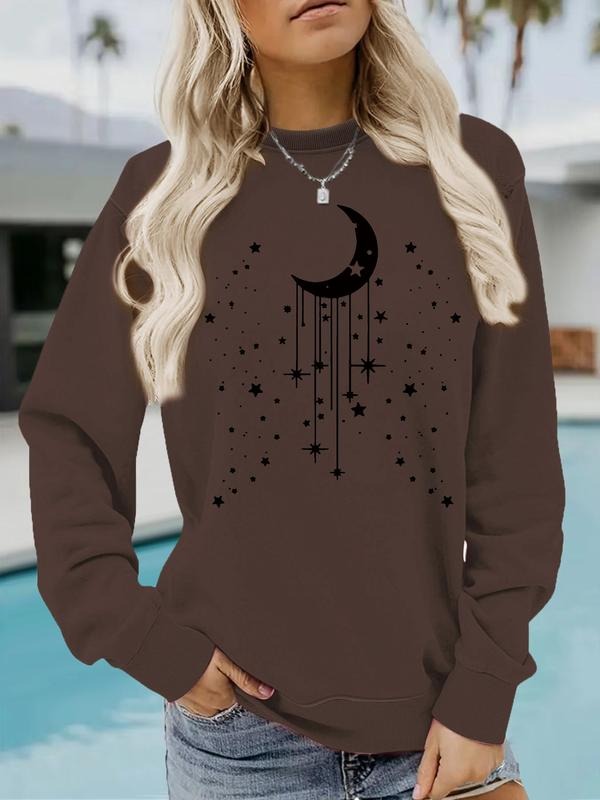 Women's Casual Celestial Print Pullover Sweater, Soft Long Sleeve Round Neck Sweatshirt, Comfortable Daily Wear T-Shirts,...