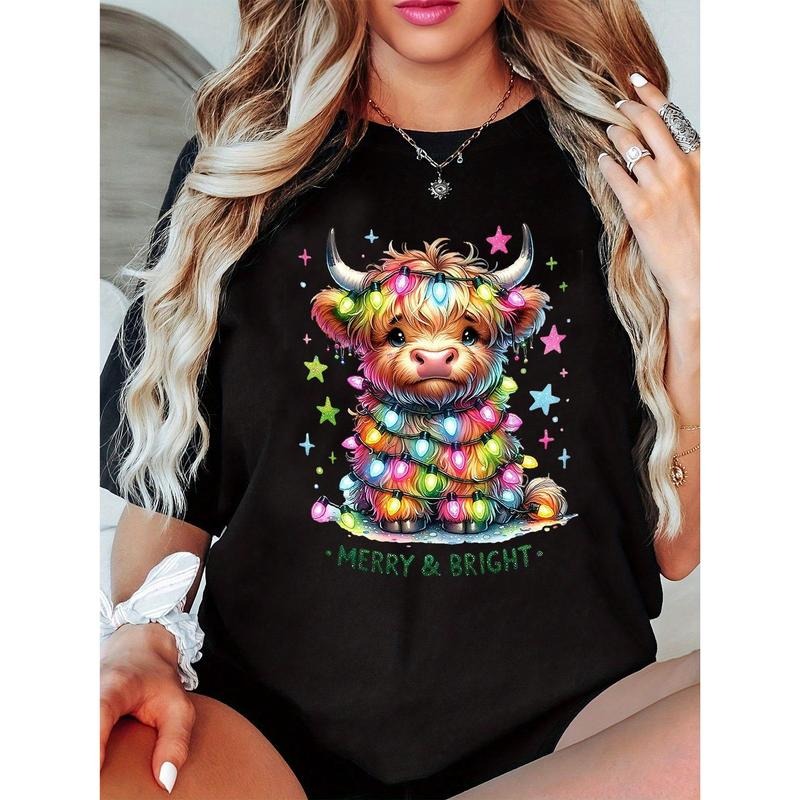 Women's Casual Christmas Calf Graphic Round Neck  Short Sleeve Cotton T-Shirt Hoodie, Sweatshirt | UrbanDripWear.com
