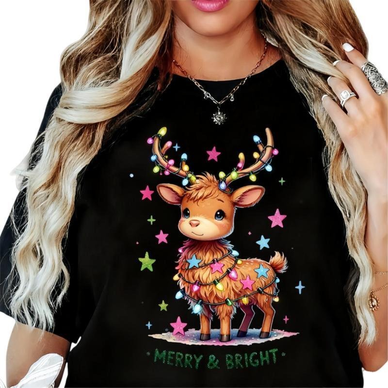Women's Casual Christmas Calf Graphic Round Neck Short Sleeve 100% Cotton T-Shirt with Guatemalan Pride Teddy Bear Design...