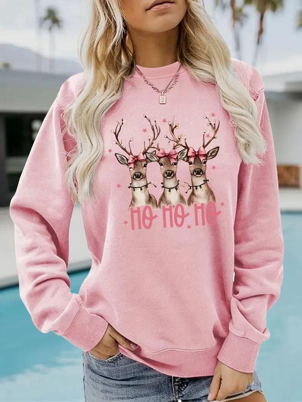 Women's Casual Christmas Deer Print Pullover Sweater, Soft Long Sleeve Round Neck Sweatshirt, All-Season Wear T-Shirts,...