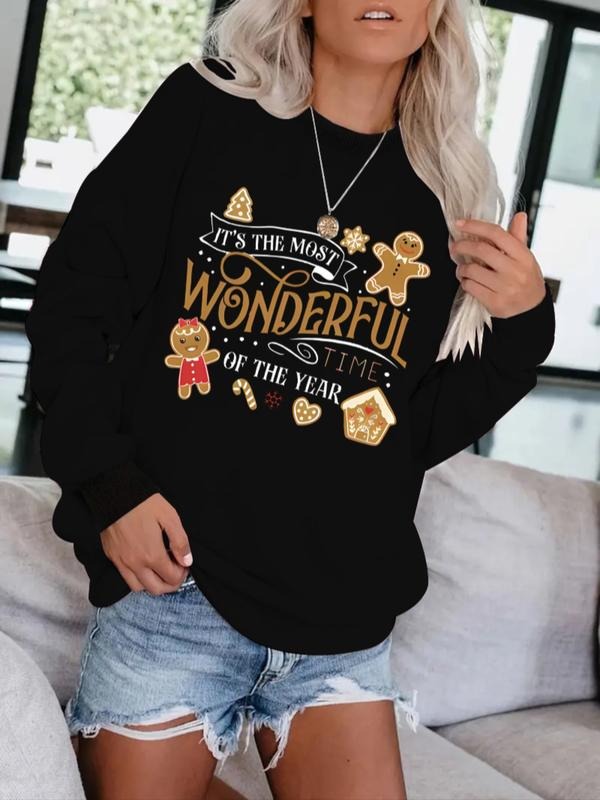 Women's Casual Christmas Gingerbread Man Print Pullover Sweater, Soft Long Sleeve Round Neck Sweatshirt, All Seasons Wear...