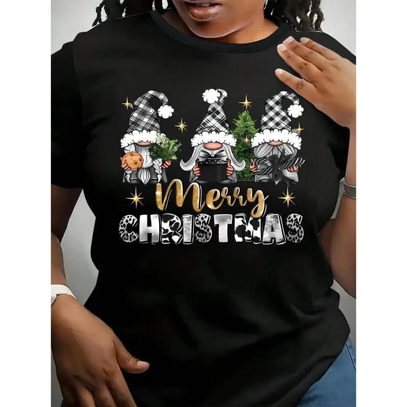Women's Casual Christmas Graphic T-Shirt - Festive Gnome & Merry Christmas Letter Print, Soft Short Sleeve Round Neck Tee...