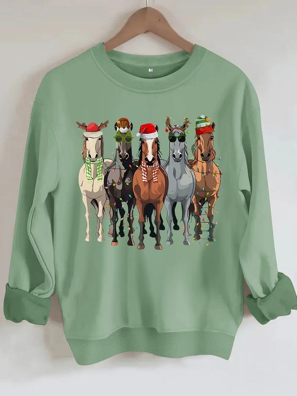 Women's Casual Christmas Horse Pattern Pullover, Soft Long Sleeve Round Neck Sweatshirt, All-Season Comfort T-Shirts, Hoodie