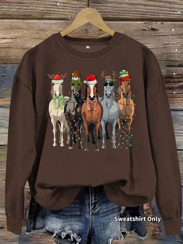 Women's Casual Christmas Horse Print Pullover Sweater, Soft Long Sleeve Round Neck Sweatshirt, All-Season Wear T-Shirts,...