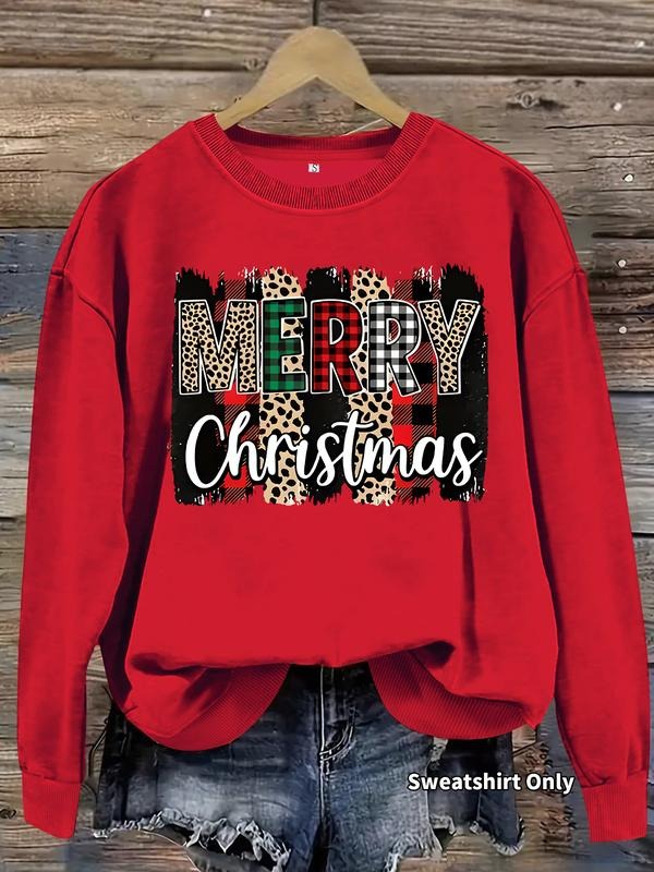 Women's Casual Christmas Letter Print Round Neck Sweatshirt, Soft Long Sleeve Geometric Pattern Pullover, Fall & Winter...
