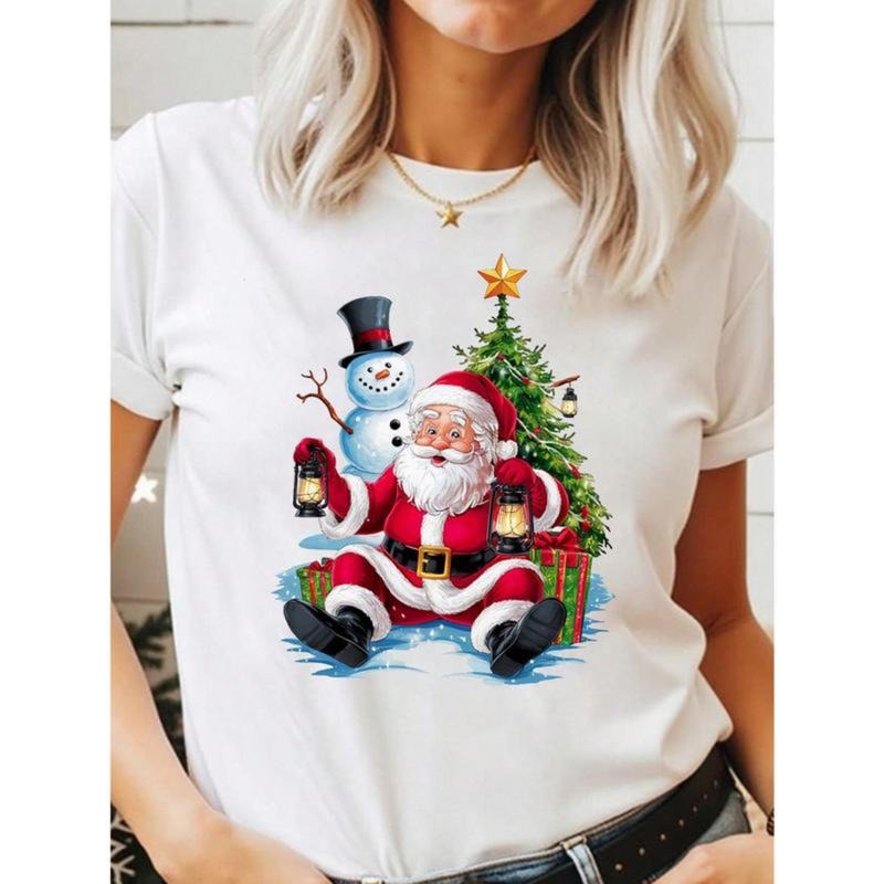 Women's Casual Christmas Santa Claus & Snowman Christmas Tree Print Basic Short Sleeve T-Shirt, Suitable For Christmas...