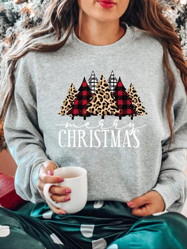 Women's Casual Christmas Sweatshirt, Loose Fit Round Neck Pullover, Creative Striped Tree Print, Soft Woven Fabric...