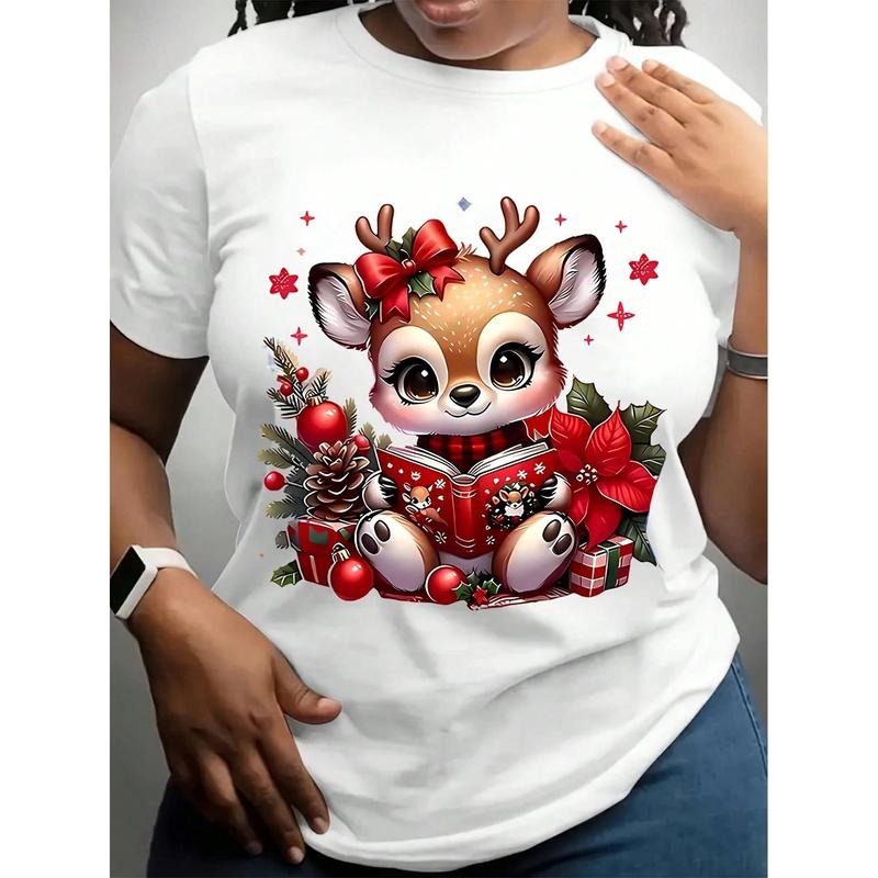 Women's Casual Christmas-Themed Graphic T-Shirt - Cute Reindeer With Gift Box & Ornaments, Red & White Holiday Design,...