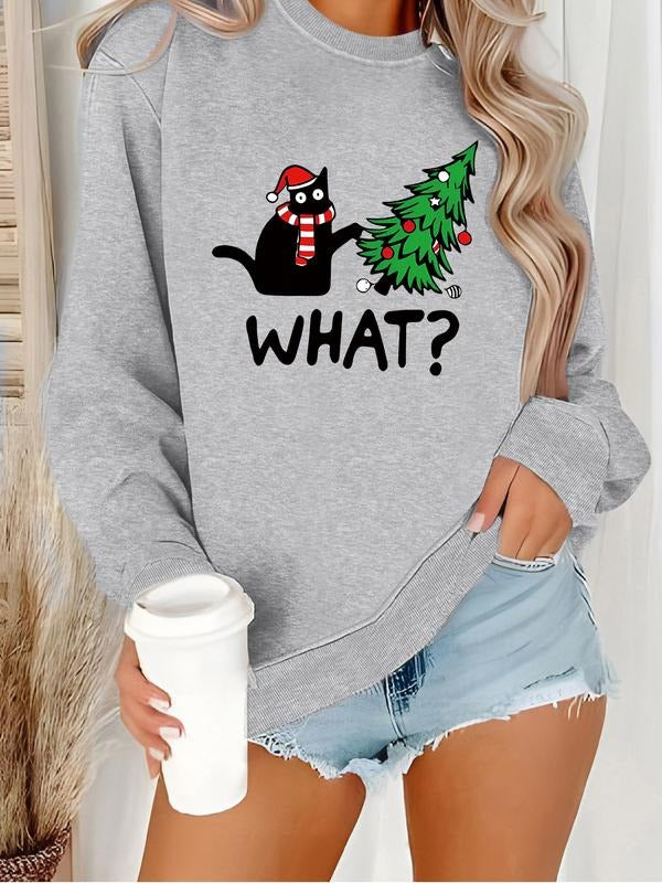 Women's Casual Christmas Tree Cat Print Pullover Sweater, Soft Long Sleeve Round Neck Sweatshirt, All Seasons Wear...
