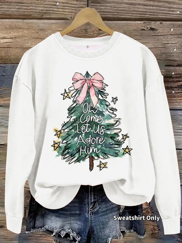 Women's Casual Christmas Tree Print Pullover Sweater, Soft Long Sleeve Round Neck Sweatshirt, Comfortable Daily Wear...