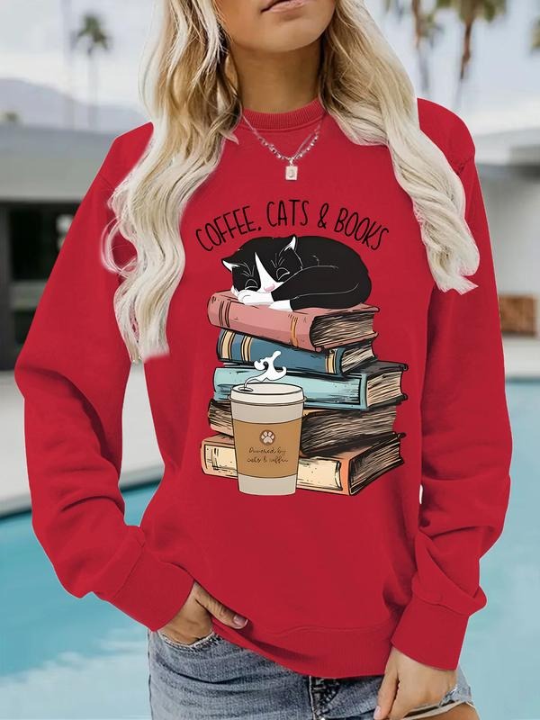 Women's Casual Coffee Cat & Book Print Pullover Sweater, Soft Long Sleeve Round Neck Sweatshirt, All-Season Wear...