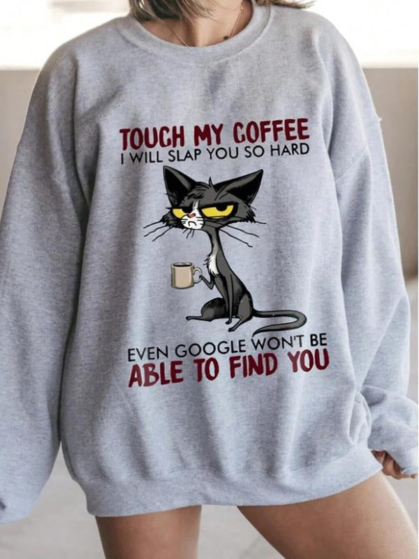 Women's Casual Coffee Cat Pattern Hoodie, Soft Long Sleeve Round Neck Sweatshirt, All-Season Comfort Clothing T-Shirts