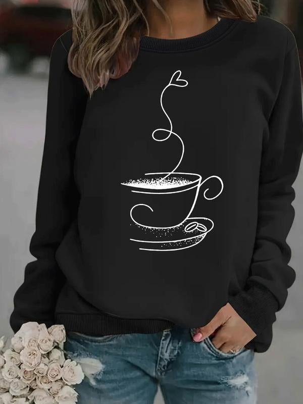 Women's Casual Coffee Cup Print Hoodie, Soft Long Sleeve Round Neck Sweatshirt, All-Season Comfort, Durable Fabric T-Shirts