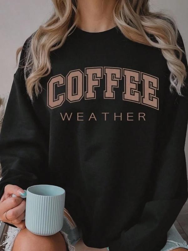 Women's Casual Coffee Pattern Pullover Sweatshirt, Soft Long Sleeve Round Neck, All-Season Comfort, Durable Fabric...