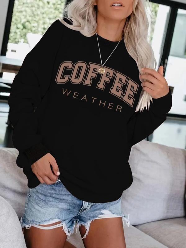 Women's Casual Coffee Print Pullover Sweater, Soft Long Sleeve Round Neck Sweatshirt, Comfortable Daily Wear style 02...