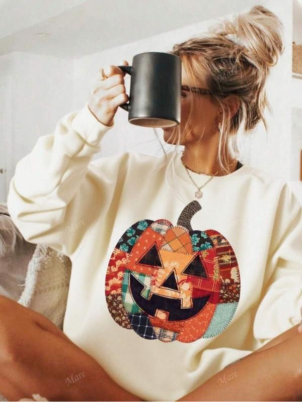 Women's Casual Colorful Pumpkin Print Pullover Sweater, Soft Long Sleeve Round Neck Halloween Sweatshirt, All Seasons...