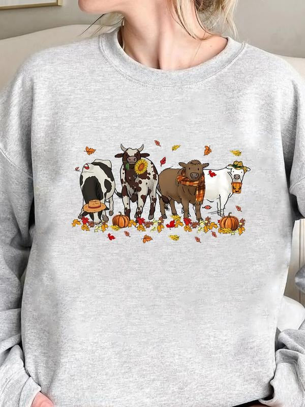 Women's Casual Comfortable Fashion Cow Print Fleece Pullover Sweatshirt, Loose Fit Round Neck Long Sleeve Fall & Winter...