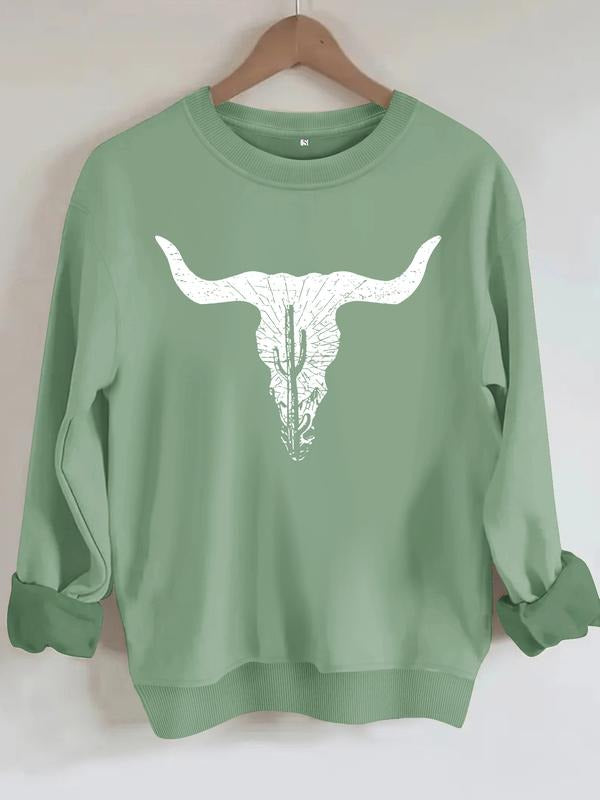Women's Casual Cow Skull Design Sweatshirt, Soft Long Sleeve Round Neck Pullover, All-Season Comfort Clothing T-Shirts,...