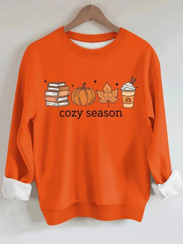 Women's Casual Cozy Season Pumpkin Maple Leaf Milk Tea Print Pullover Sweater, Soft Long Sleeve Round Neck Sweatshirt...