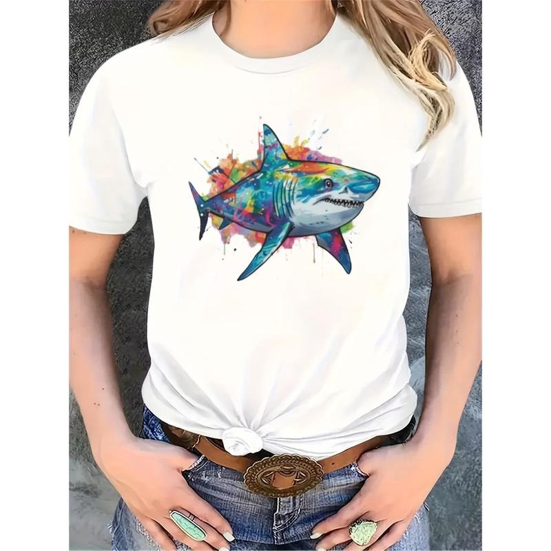 Women's Casual Crew Neck T-Shirt with Colorful Shark Print - Soft Polyester, Machine Washable