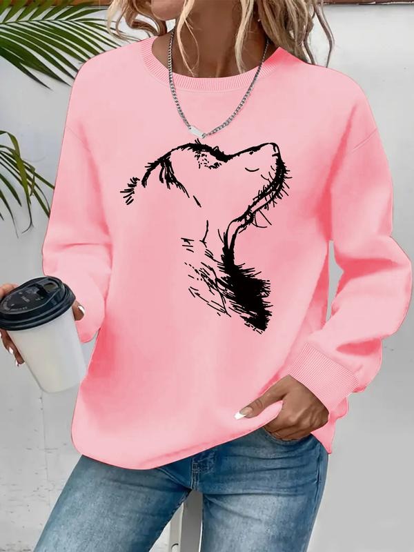 Women's Casual Cute Cartoon Dog Pattern Pullover Sweatshirt, Soft Long Sleeve Round Neck, All-Season Comfort T-Shirts, Hoodie