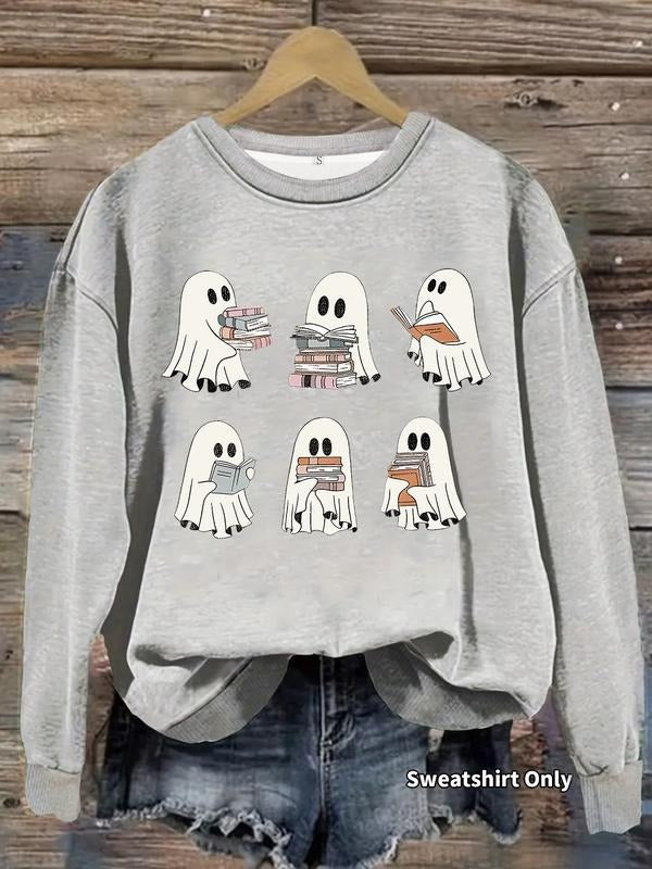 Women's Casual Cute Cartoon Ghost Print Pullover Sweater, Soft Long Sleeve Round Neck Halloween Sweatshirt, All Seasons...
