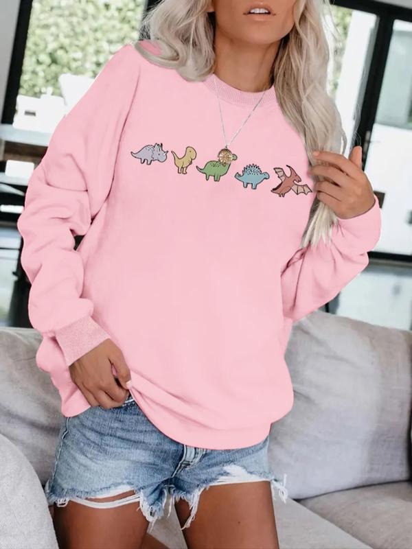 Women's Casual Cute Dinosaur Print Pullover Sweater, Soft Long Sleeve Round Neck Sweatshirt, Comfortable Daily Wear...