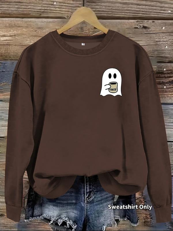 Women's Casual Cute Ghost Pattern Pullover Sweater, Soft Long Sleeve Round Neck Sweatshirt, Comfortable Daily Wear...