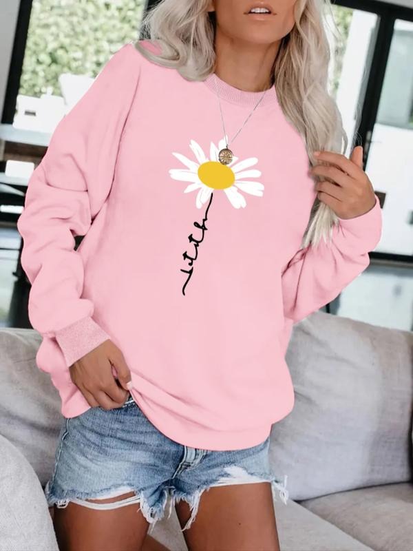 Women's Casual Daisy Art Letter Print Round Neck Sweatshirt, Fall & Winter, Graduation, Teacher, Back to School Pullover...