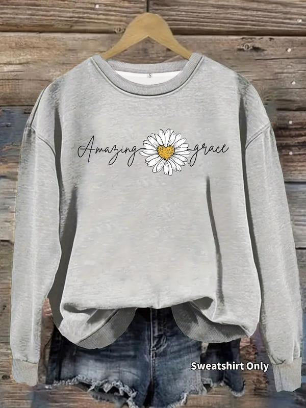 Women's Casual Daisy Print Pullover Sweater, Soft Long Sleeve Round Neck Sweatshirt, Comfortable Daily Wear T-Shirts, Hoodie