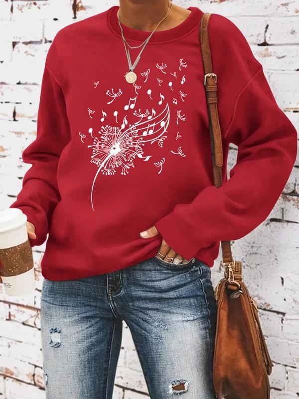 Women's Casual Dandelion Music Symbol Pullover Sweater, Soft Long Sleeve Round Neck Sweatshirt, All-Season Wear T-Shirts,...