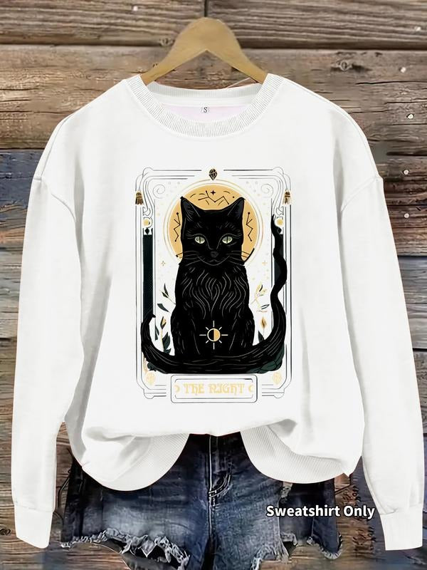 Women's Casual Dark Cat Letter Print Pullover Sweater, Soft Long Sleeve Round Neck Sweatshirt, All-Season Comfort Wear...