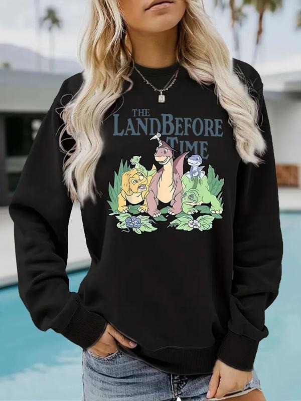 Women's Casual Dinosaur Graphic Fleece Sweatshirt, Soft Long Sleeve Round Neck Pullover, All-Season Comfort T-Shirts, Hoodie