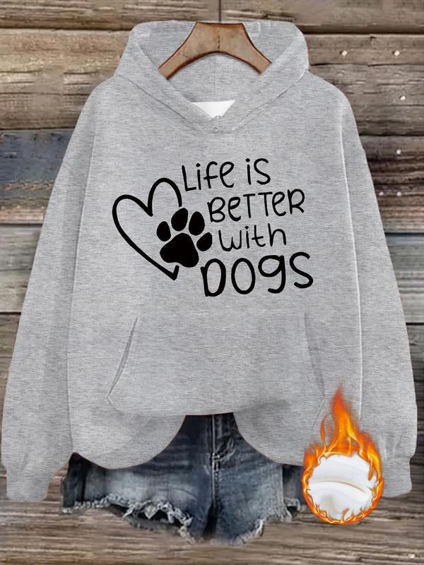 Women's Casual Dog Paw Print Heart Letter Graphic Hoodie with Front Pocket, Fleece Lined Pullover Sweatshirt for Fall &...