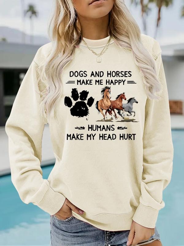 Women's Casual Dors Horse Print Pullover Sweater, Soft Long Sleeve Round Neck Sweatshirt, Comfortable Daily Wear...