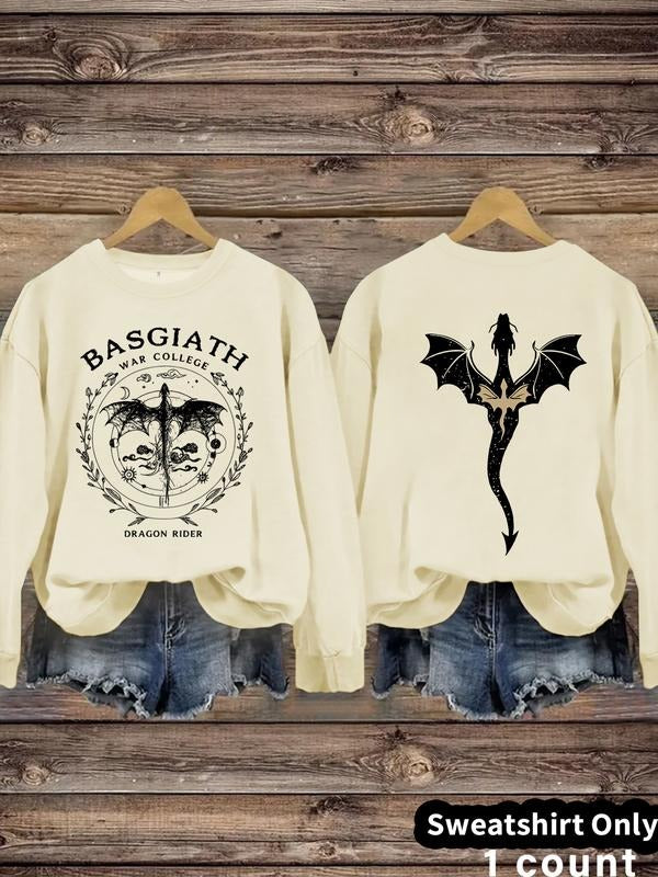 Women's Casual Dragon & Letter Print Pullover Sweater, Soft Long Sleeve Round Neck Sweatshirt, Comfortable Daily Wear...