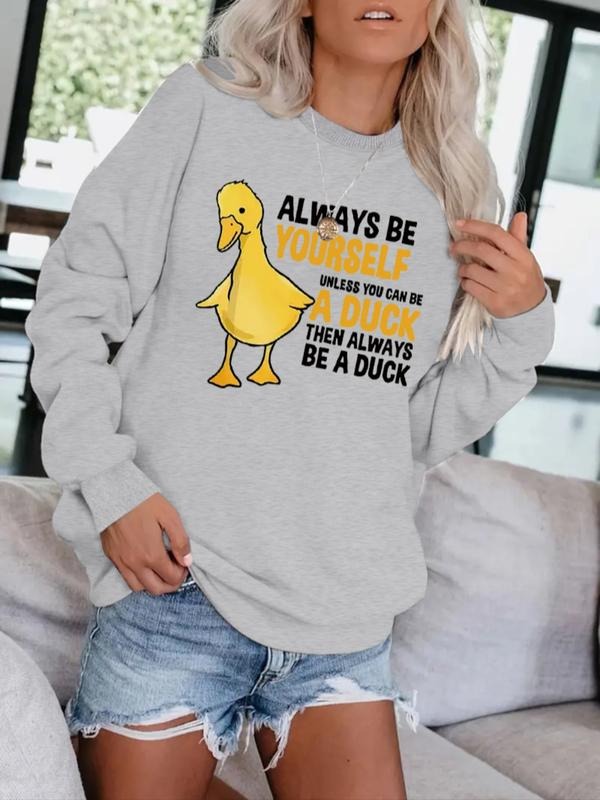 Women's Casual Duck Print Pullover Sweater, Soft Long Sleeve Round Neck Sweatshirt, Comfortable Daily Wear T-Shirts, Hoodie