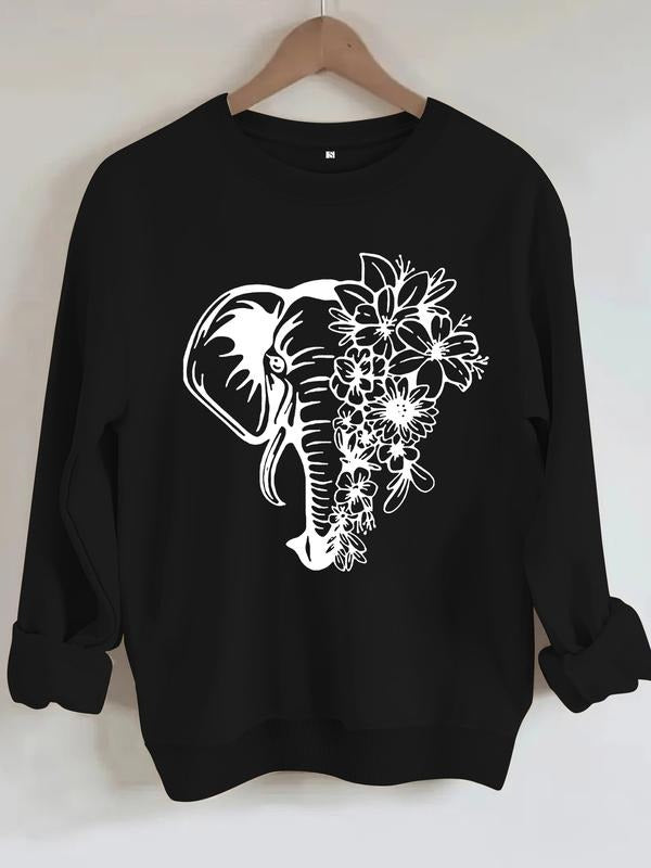 Women's Casual Elephant & Floral Pattern Pullover, Soft Long Sleeve Round Neck Sweatshirt, All-Season Comfort T-Shirts,...