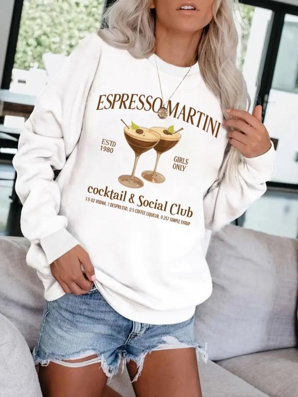 Women's Casual Espresso Martini Cocktail Print Sweatshirt, Soft Long Sleeve Round Neck Pullover, All-Season Comfort...
