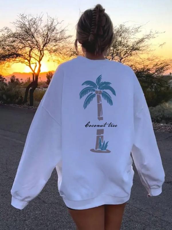 Women's Casual Facanut Tree Print Pullover Sweater, Soft Long Sleeve Round Neck Sweatshirt, All-Season Comfortable Wear...