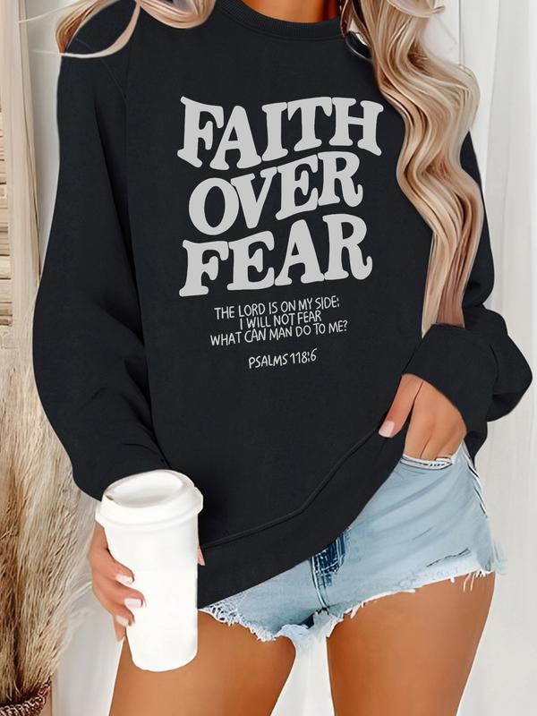 Women's Casual Faith over Fear Graphic Pullover Sweater, Soft Long Sleeve Round Neck Sweatshirt, All-Season Wear,...