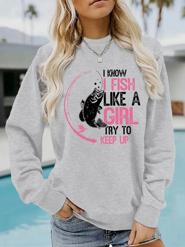 Women's Casual Fishing Pattern Pullover Sweater, Soft Long Sleeve Round Neck Sweatshirt, Comfortable Daily Wear T-Shirts,...
