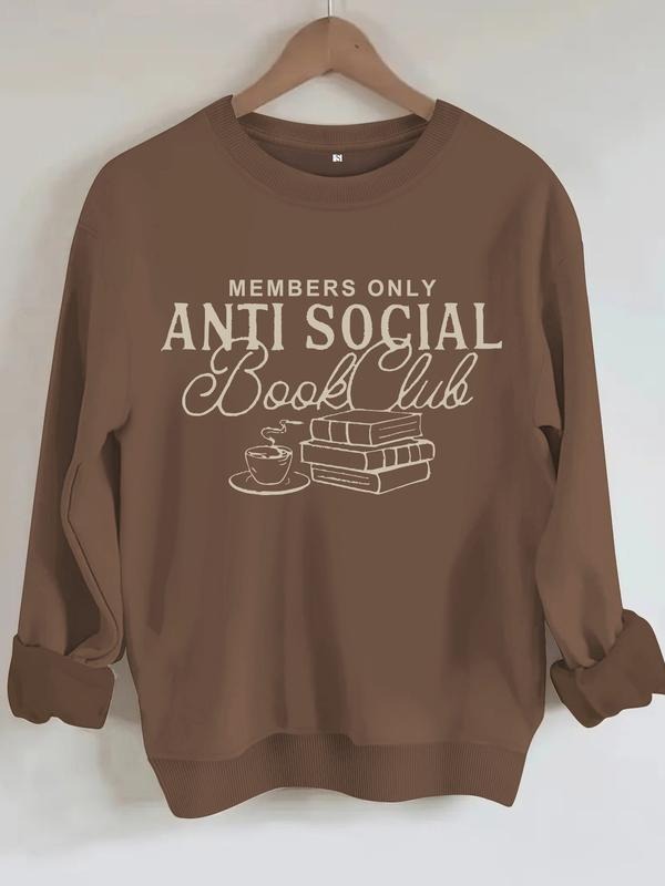 Women's Casual Fitted Anti Social Book Coffee Pattern Pullover Sweatshirt, Soft Long Sleeve Round Neck, All-Season...