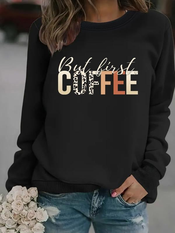 Women's Casual Fitted Coffee Print Pullover Sweater, Soft Long Sleeve Round Neck Sweatshirt, All-Season Comfortable Daily...