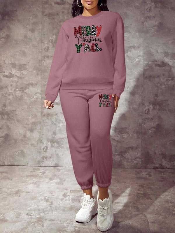 Women's Casual Fitted Sweatshirt Set, Long Sleeve Letter & Plaid Pattern Design, Perfect for Spring & Fall Seasons...