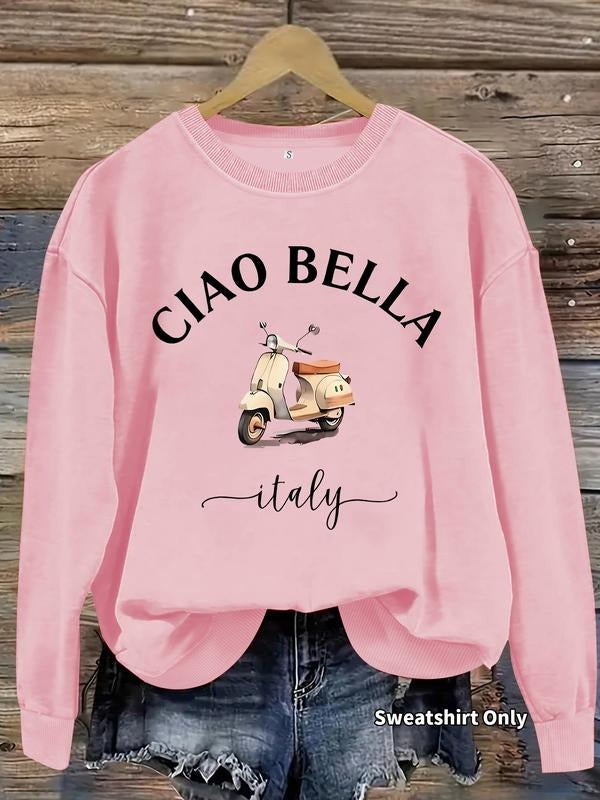 Women's Casual Fitted Sweatshirt with Ciao Bella Print, Soft Long Sleeve Round Neck Pullover, Comfortable Daily Wear...